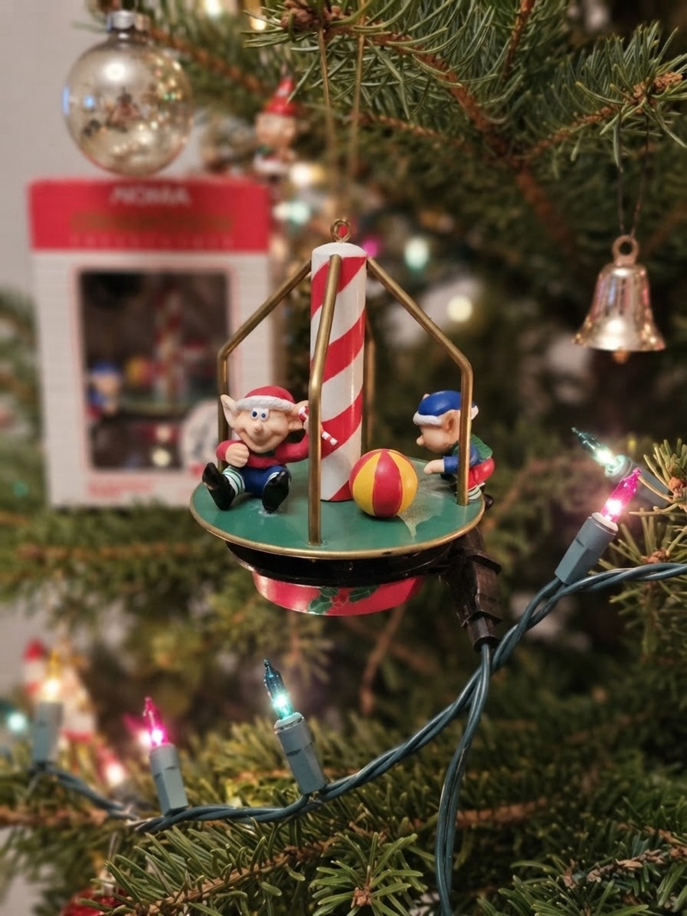 Vintage 1989 Noma Ornamotion Animated Elf Carousel Christmas Ornament with Motor